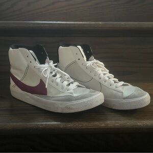 Nike White and Maroon Blazer Mid Sneakers